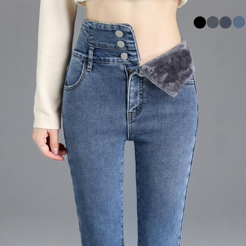 Sexy Briefs Hoogwaardige winter dikke hoge taille warme jeans, dikke dames mode stretch knoop potlood broek, mom casual plus fluwelen jeans 25
