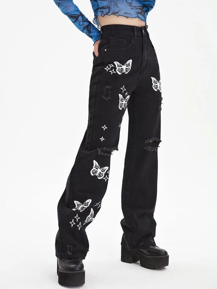 Omena 2023 Nieuwe gescheurde jeans met vlinderprint 2XL zwart