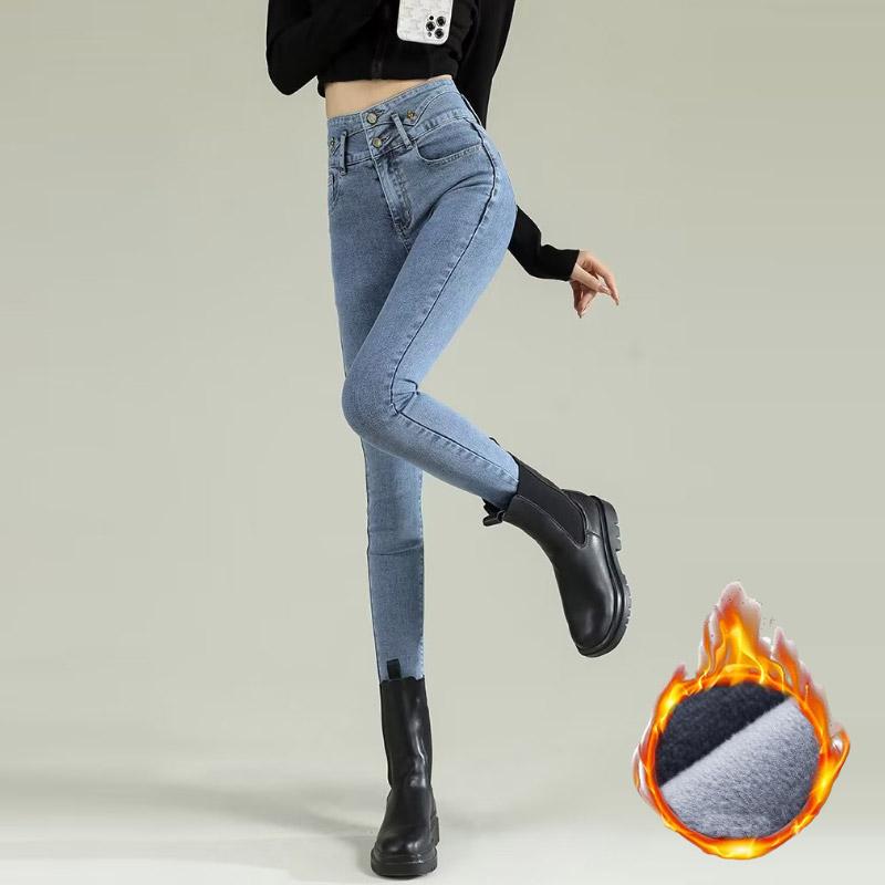 NiXis Herfst Winter Dikker Strakke Jeans voor Vrouwen Casual Hoge taille Elastische Denim Broek Mode Warme Kleding Vrouwelijke Plus Size M blauw