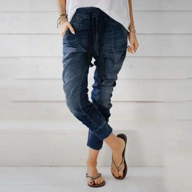 Best do it Casual elastische taille effen denim jeans dames wintermode kant-up jeans streetwear cowboy losse fit lange broek 30202 XXXL lichtblauwe kleur