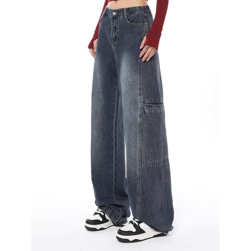 Transmission Gate Vrouwen Vintage Blauwe Cargo Jeans 2000s Y2k Hoge Taille Denim Broek Harajuku 90s Retro Wijde Pijpen Broek Kleding XL