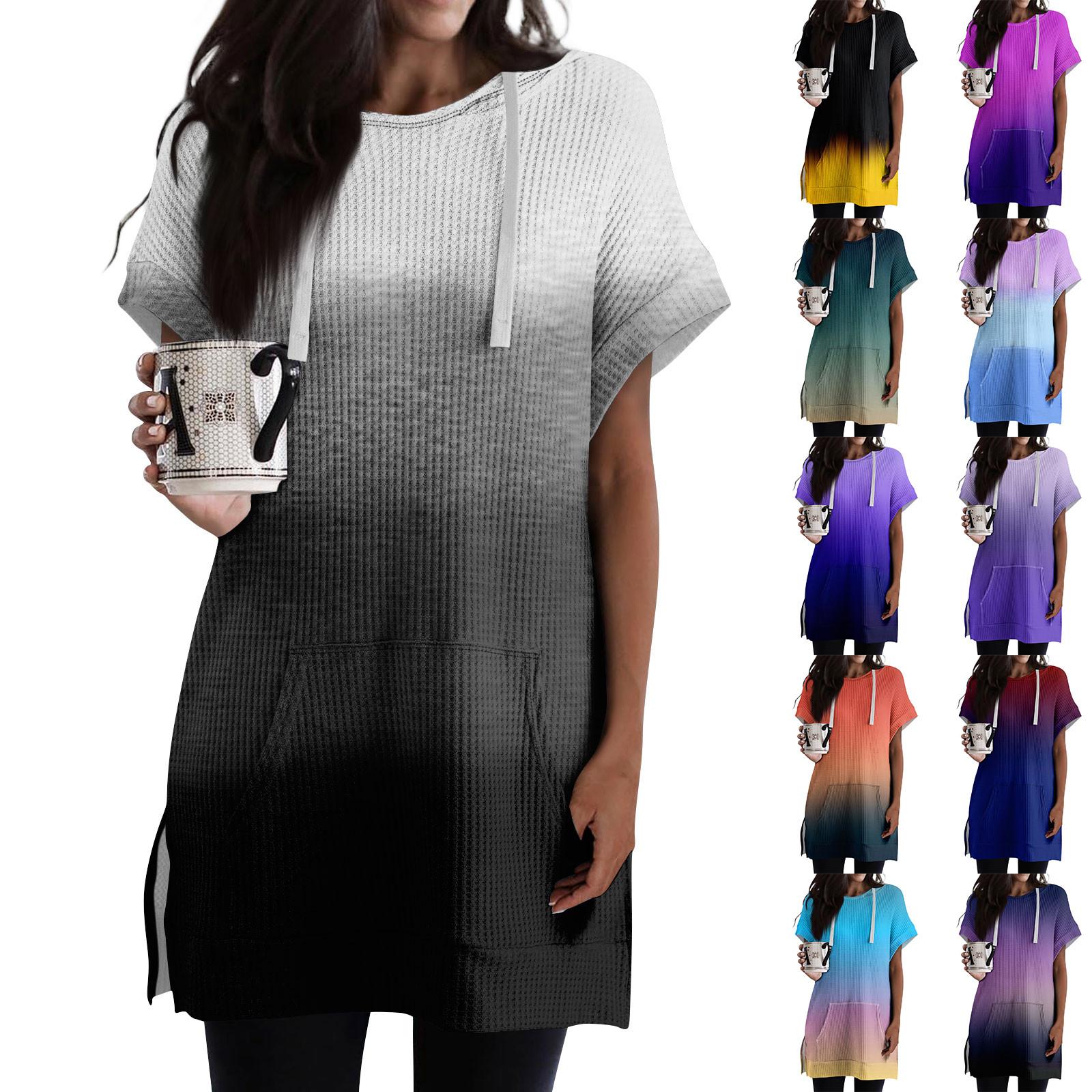 Linglong Losse shirts voor dames, bedrukt, korte mouwen, trekkoord, hoodies, gebreide tuniek met zijsplit, capuchontops met zak XL watermeloen rode kleur