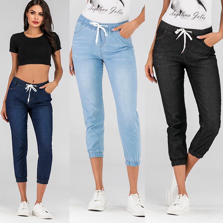 Zhuoneng Clothing Losse grote maat jeans met elastische taille en lantaarnbroek met gesloten pijpen Damesjeans L