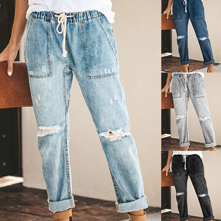 Zhuoneng Clothing Nieuwe zomer sexy temperament denim rechte broek elastische grote maat damesjeans jeans gat jeans L