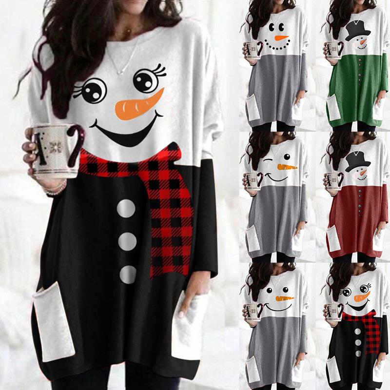 Get one Sneeuwman Print T-shirtjurk met lange mouwen voor herfst/winter 2023 5XL