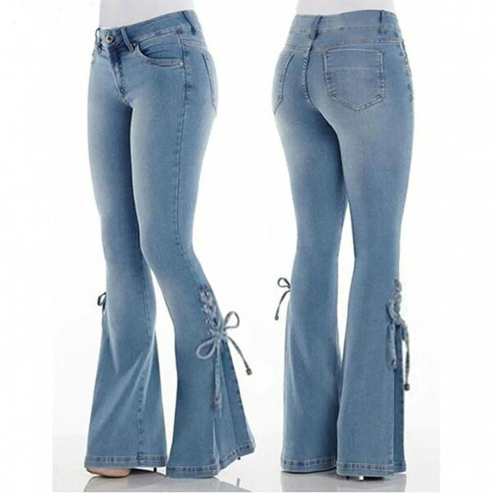 Twelve Month Vrouwen uitlopende jeans hoge taille denim broek vintage stretch streetwear vetersluiting bell bottom broek elastische jeans L lichtblauwe kleur