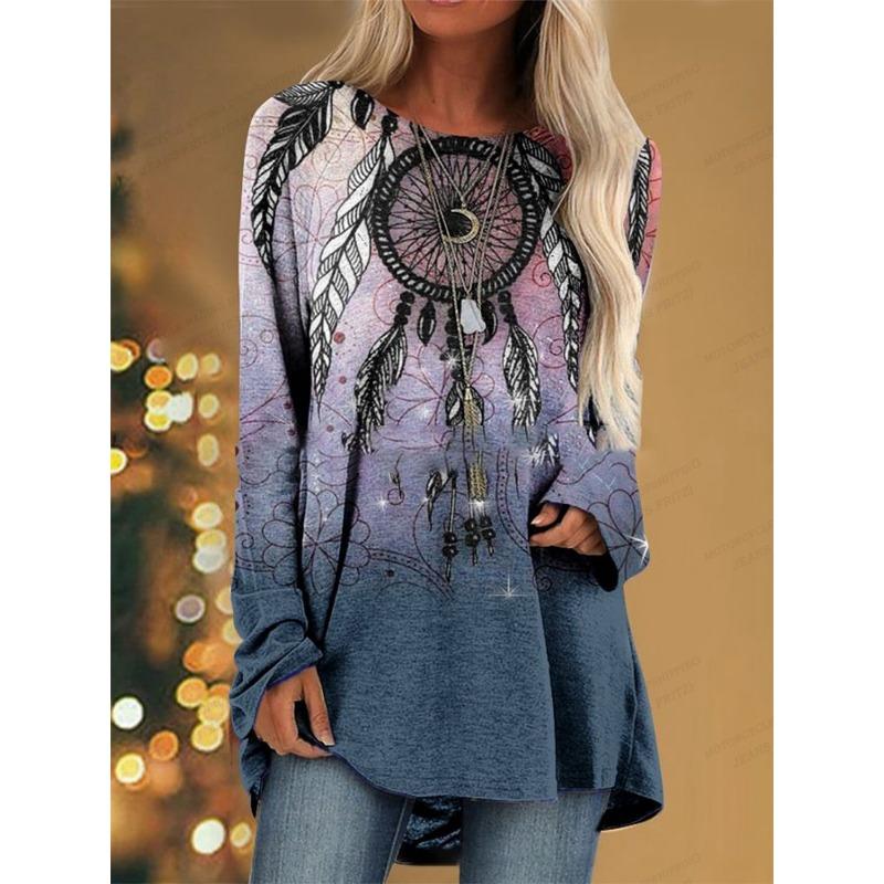 ETST 007 Dames T-shirt Native T-shirt Dames Mode T-shirts Indiase Stijl T-shirt Tuniek T-shirt Lange Mouw Tops Tees Dames Tops Vintage 5XL