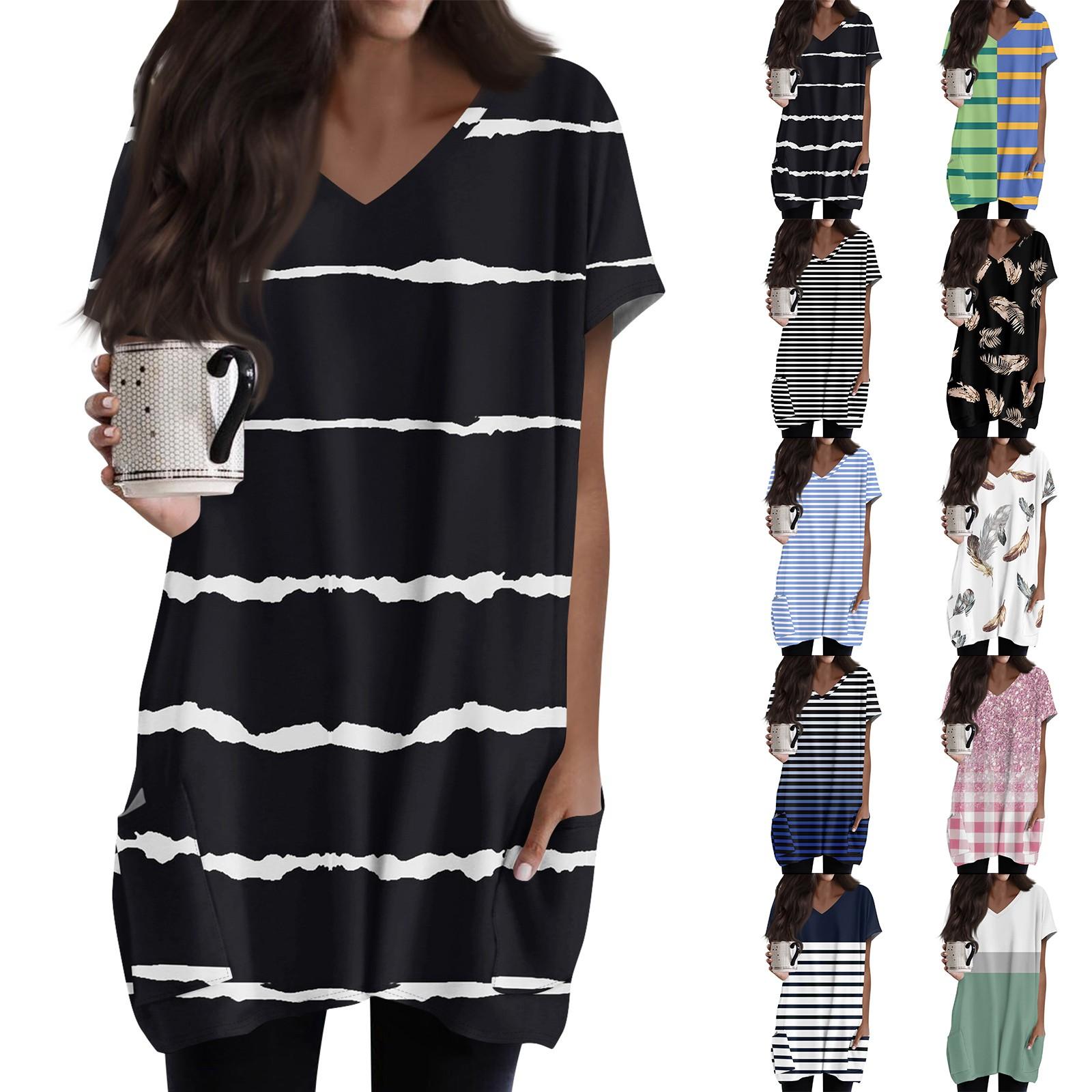 Ren Bag Dames Tops V-hals Korte Mouw Blouses Casual Mid-length Shirts Mode Print Tuniek Tops Met Zakken XL wit