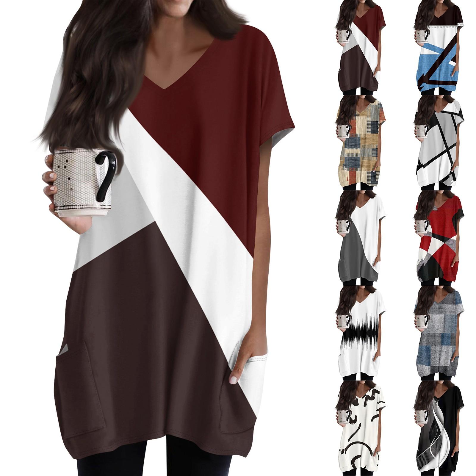 Hong Decor Dames Tops V-hals Korte Mouw Blouses Casual Mid-length Shirts Mode Print Tuniek Tops Met Zakken XXL
