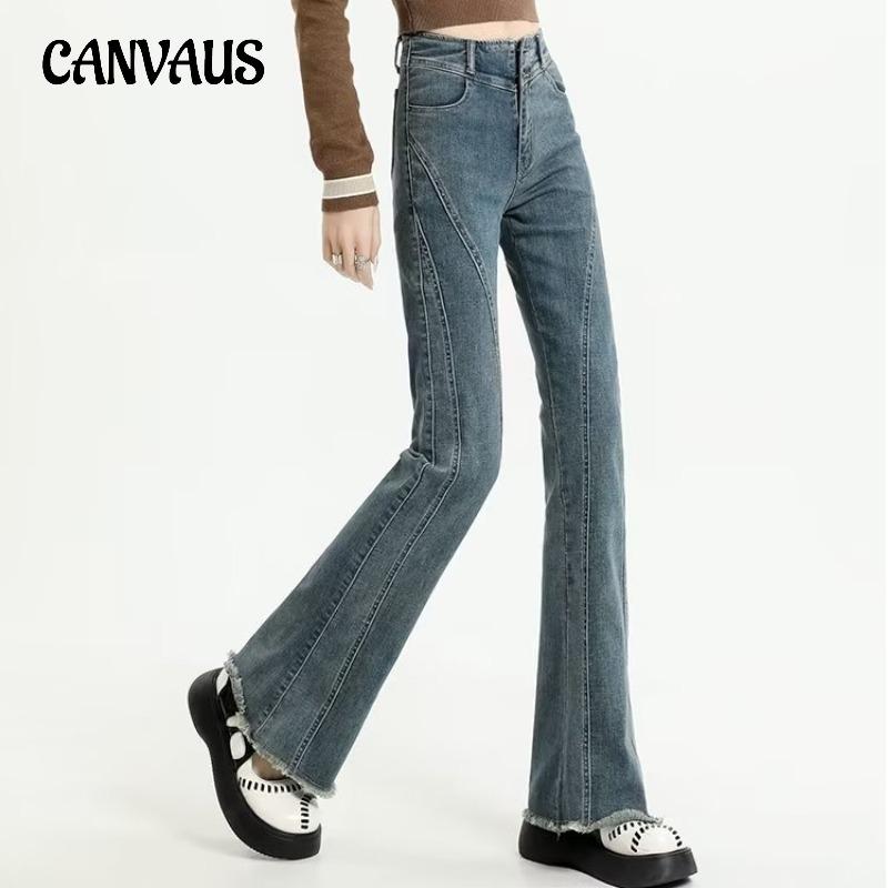 CANVAUS Vintage Micro Pittige Lah Jeans Vrouwen Lente en Herfst Grote Maat Broek Splicing Raw Edge Hoge taille Uitlopende broek 5XL blauw