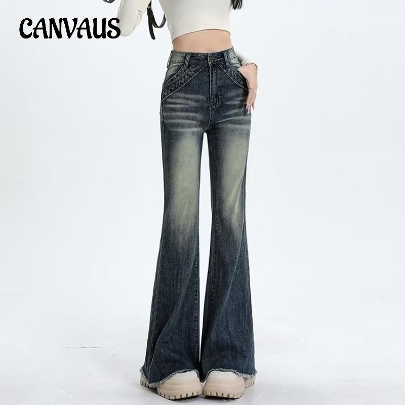 CANVAUS Vintage Raw Edge Micro Flare Jeans Plus Size Dames Lente en herfst Hoge taille Skinny Honderden Drag Flare-broeken 5XL blauw