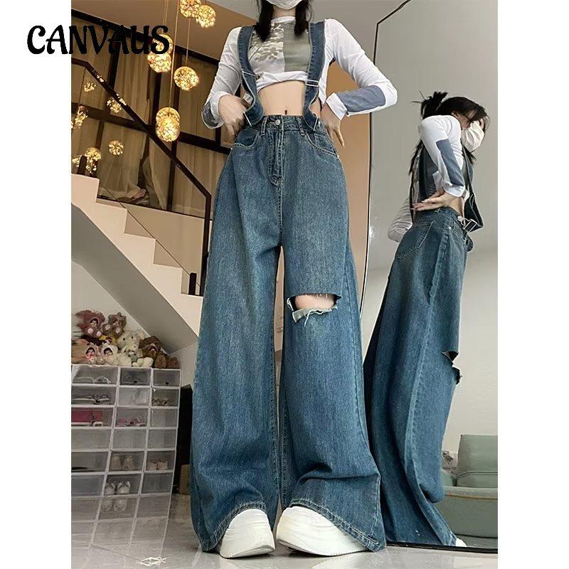 CANVAUS Grote maten gescheurde jeans met bandjes voor dames lente en herfst hoge taille losse wijde pijpen rechte lange broek 5XL blauw