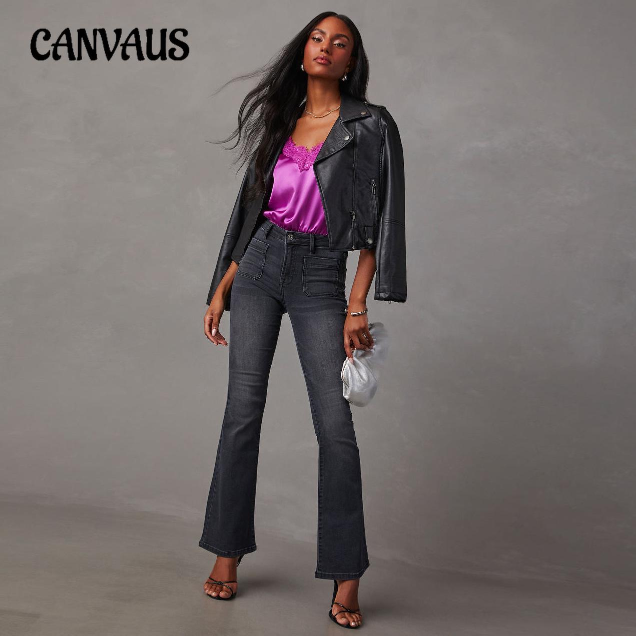 CANVAUS Lente, zomer en herfst damesjeans Retro broek met hoge taille Dunne elastische broek Micro Flare Jeans 2XL zwart
