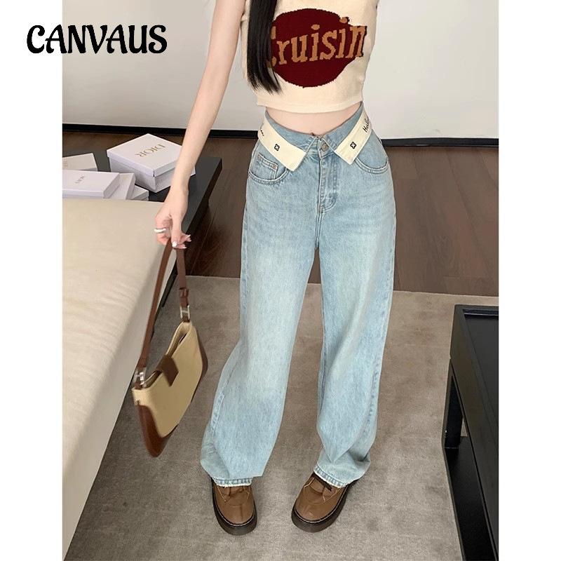 CANVAUS Flap Letter Jeans Dames zomer hoge taille dunne wijde pijpen broek rechte broek 2XL