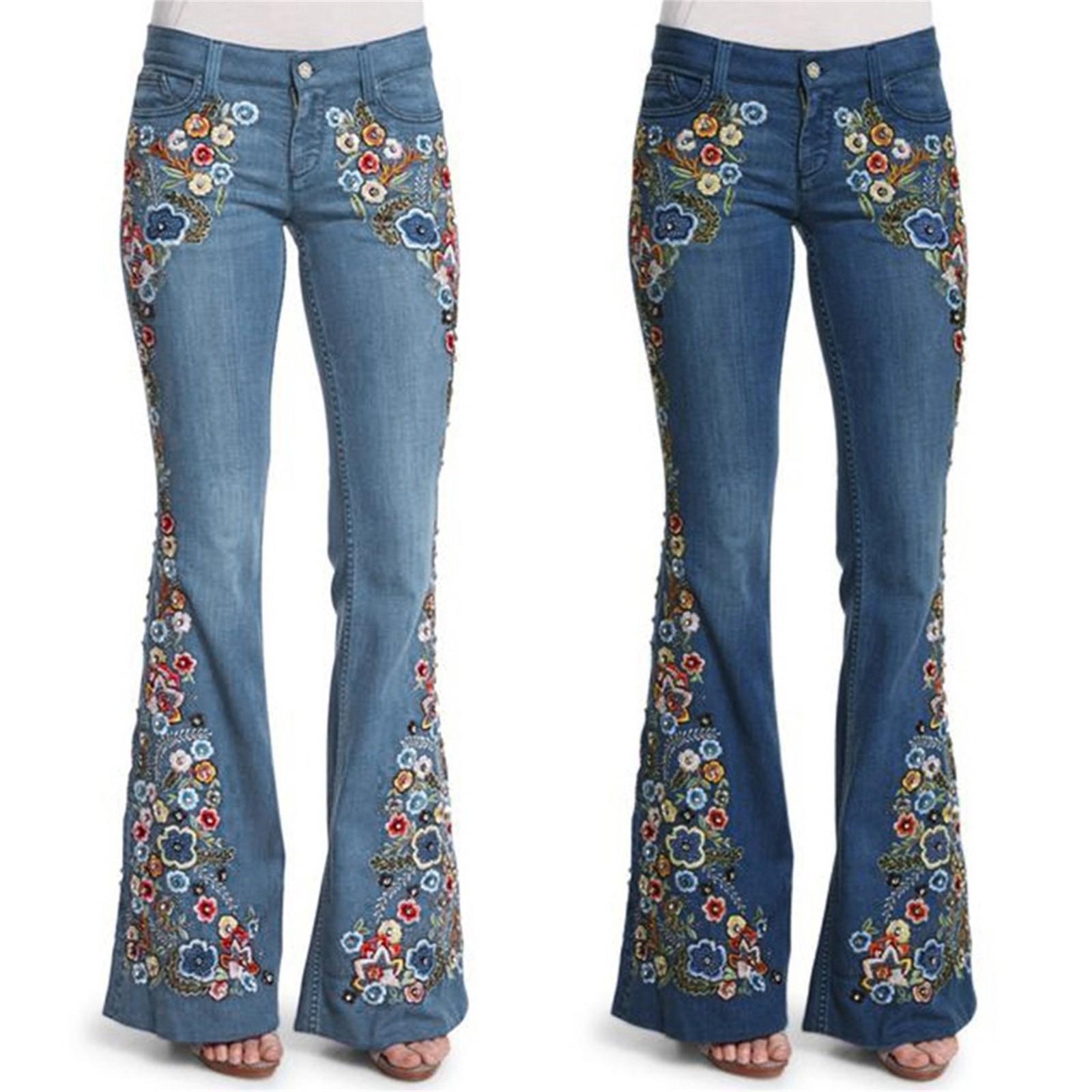 Spicy chicken Damesborduurwerk Destoryed Flare Jeans Knop Taille Bell Bottom Denim Broek XL
