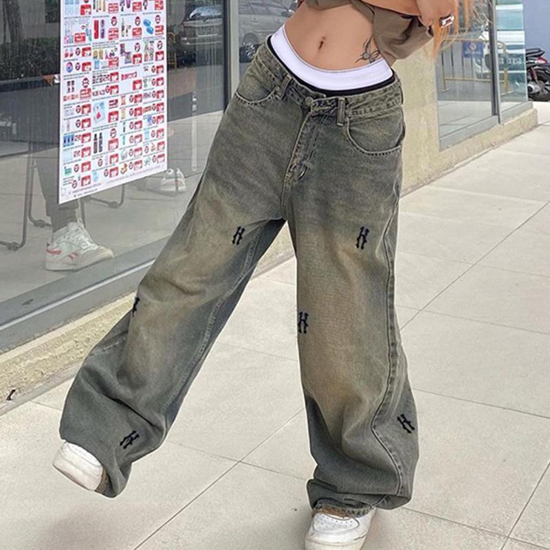 Omena Hip Hop Stijl Laag Getailleerde Retro Straat Losse Casual Wijde Pijpen Dames Jeans L grijs