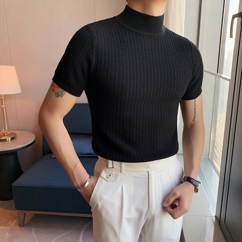 Super maller Herfst Nieuwe Korte Mouw Gebreide Trui Mannen Tops Kleding 2022 Alle Match Slim Fit Stretch Coltrui Casual Pull Homme Truien L wit
