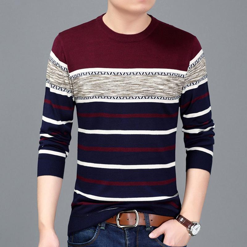 VVGUOWEI Heren trui Warme trui met lange mouwen Ronde hals Gestreepte trui Zacht en comfortabel shirt M blauw