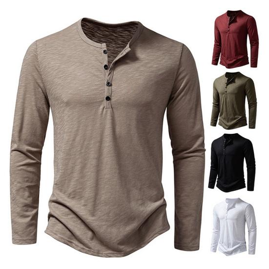 Guannuotong Heren herfst lente T-shirt ronde hals knop effen kleur dunne lange mouw trui zacht casual dagelijks dieptepunt top sportkleding M legergroene kleur