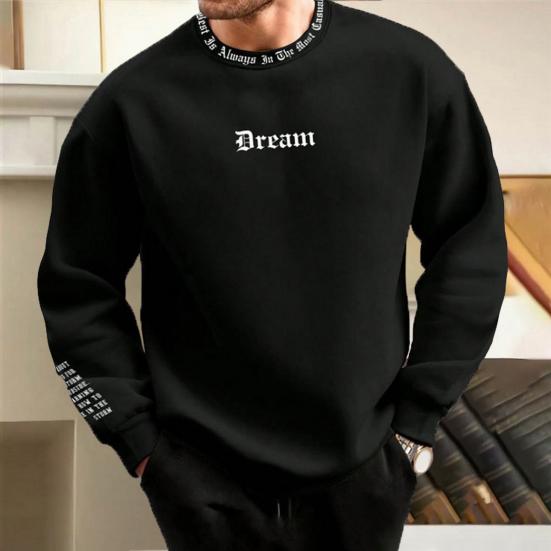Chosyin Mannen herfst winter sweatshirt ronde hals lange mouw brief print lange mouw dikke losse zachte warme halflange heren casual top M wit