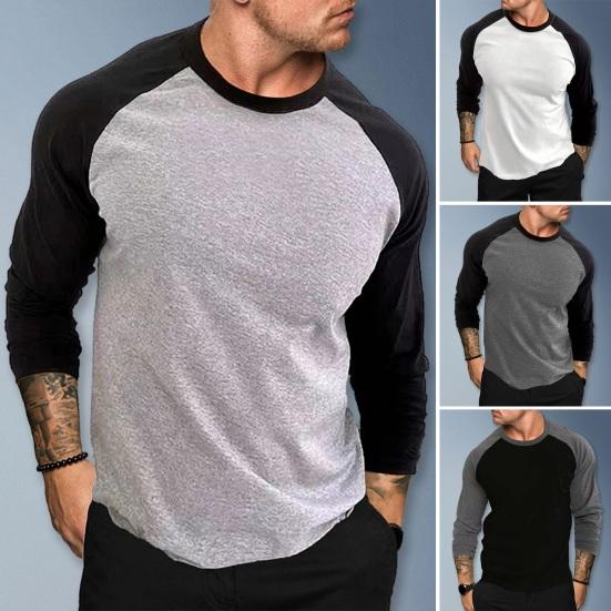 Tianhangyuan Lente Herfst Heren Casual T-shirt O-hals Raglanmouwen Kleuraanpassing Slim Fit Fitness Gym Trui Tops Streetwear L zwart