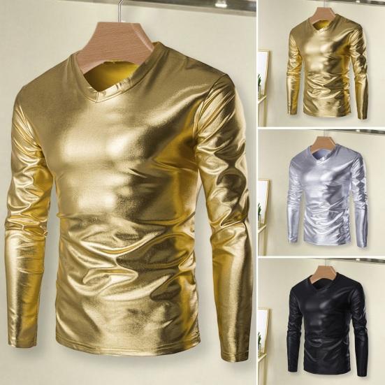 CF44AG Heren top slim fit V-hals T-shirt met lange mouwen Trendy glanzende bronzing glanzende herenblouse voor feesten, podiumfeesten XL zilver