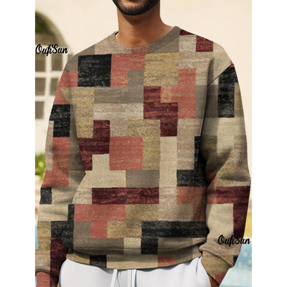 ETST 012 Vintage trui voor heren, lange mouwen, tops, 3D patchwork, grafische kleding, oversized, herfstkleding, O-hals trui, herenhoodies 4XL