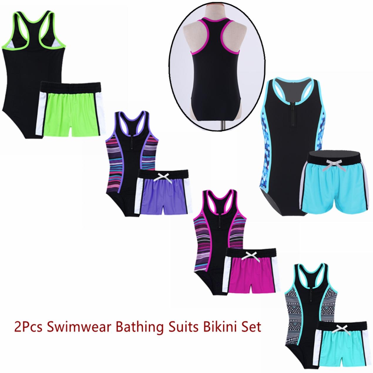 IEFiEL 2 Stuks Kinderen Meisjes Braziliaanse Badpakken Een Stuk Mouwloze Racer Back Jumpsuit En Boyshorts Set Strand Badmode Badpakken 15-16 Years groen