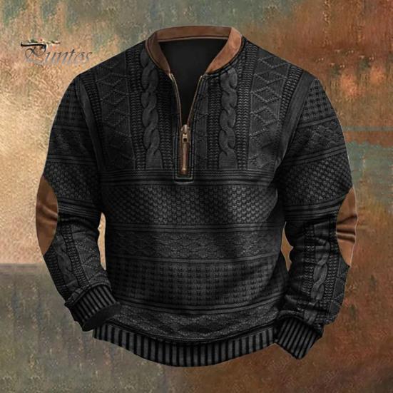 DILLER Herfst Winter Heren Sweatshirt Halve Rits Ruit Textuur Patchwork Ronde Hals Trui Lange Mouwen Dagelijkse Buitensport Top 3XL zwart