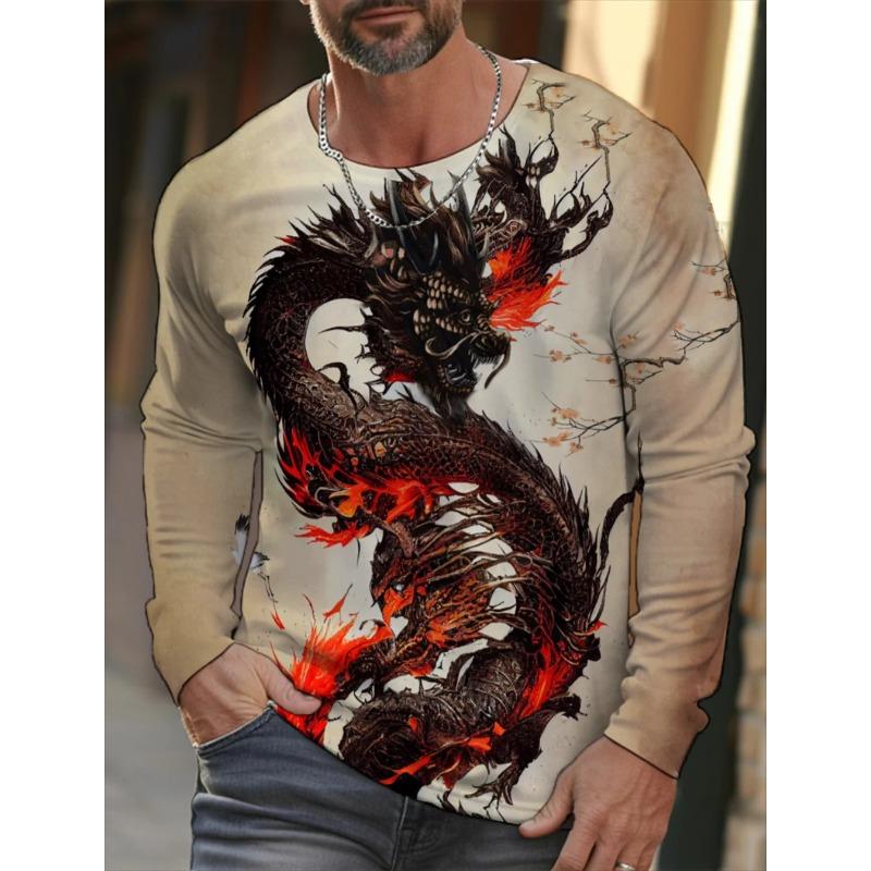 ETST0013 Nieuwe trend straat stijl hoge draaisnelheid dier draak 3D print cool T-shirt warm mode casual heren lange mouw ronde hals 6XL