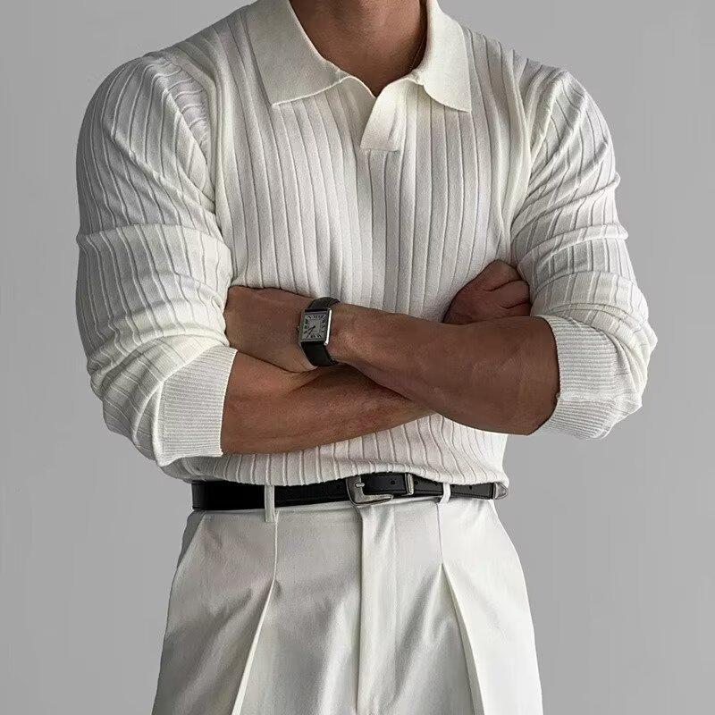 Top Men Wardrobe Heren lente- en herfstbreigoed: Effen gestreept elastisch revers poloshirt, T-shirt met lange mouwen L wit