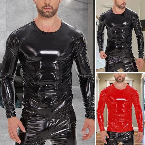 Charman Heren Vloeibaar Glanzend Kunstleren Top Metallic Wetlook Lange Mouw T-shirt Rits Schouder Slim Fit Shirt Hip Hop Nachtclub Feest Blouse M zwart
