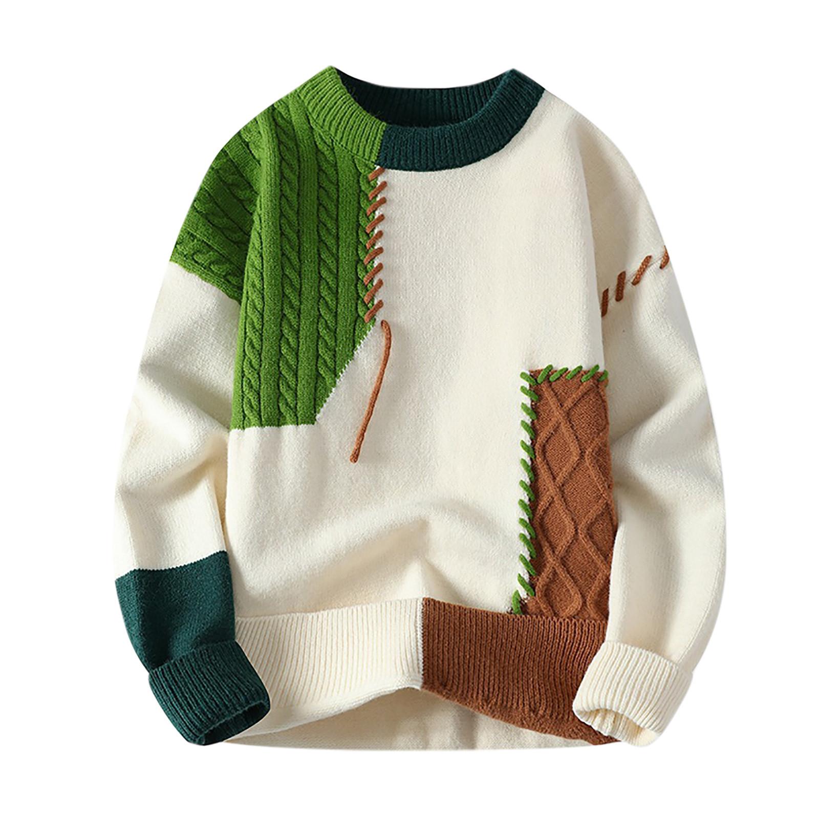 Tooyoo Herfst Winter Warme Heren Truien Mode Patchwork Truien O-hals Gebreide Casual Trui Heren M groen