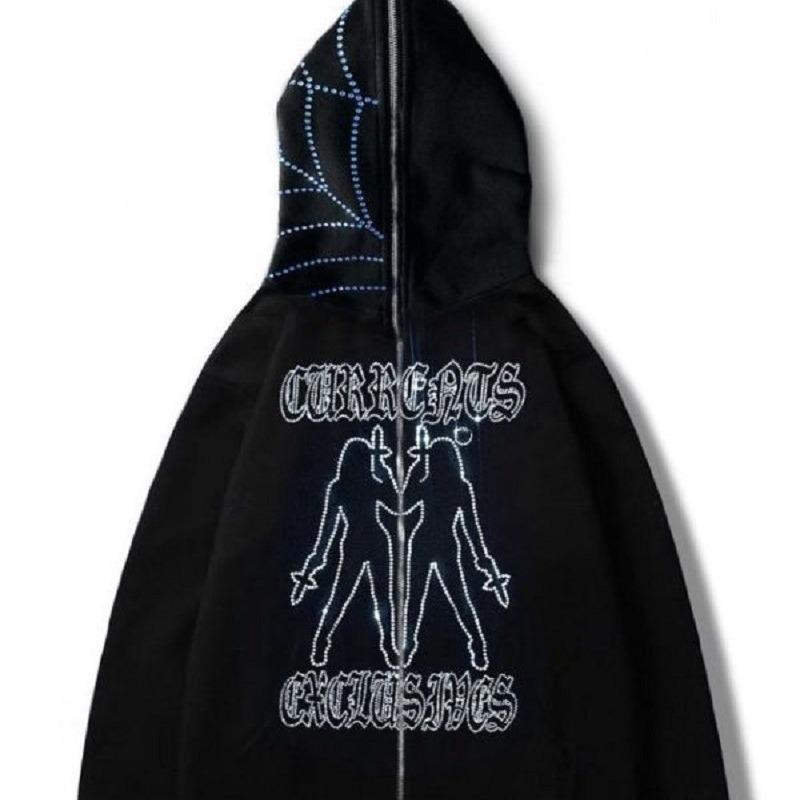 YoungFashion Y2K Europese en Amerikaanse Hot Diamond Zipper Hoodie Nieuwe Hip Hop Heren- en Damesbovenkleding XL zwart
