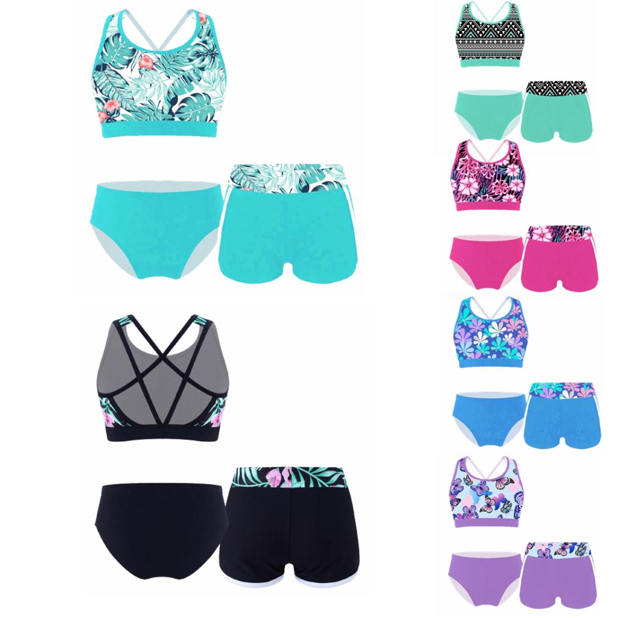 IEFiEL Kinderbadpaksets Badpak voor meisjes Bedrukt vest Crop Top met shorts en slips Set Strandbadkleding Zwembad Rashguard-pak 15-16 Years paars