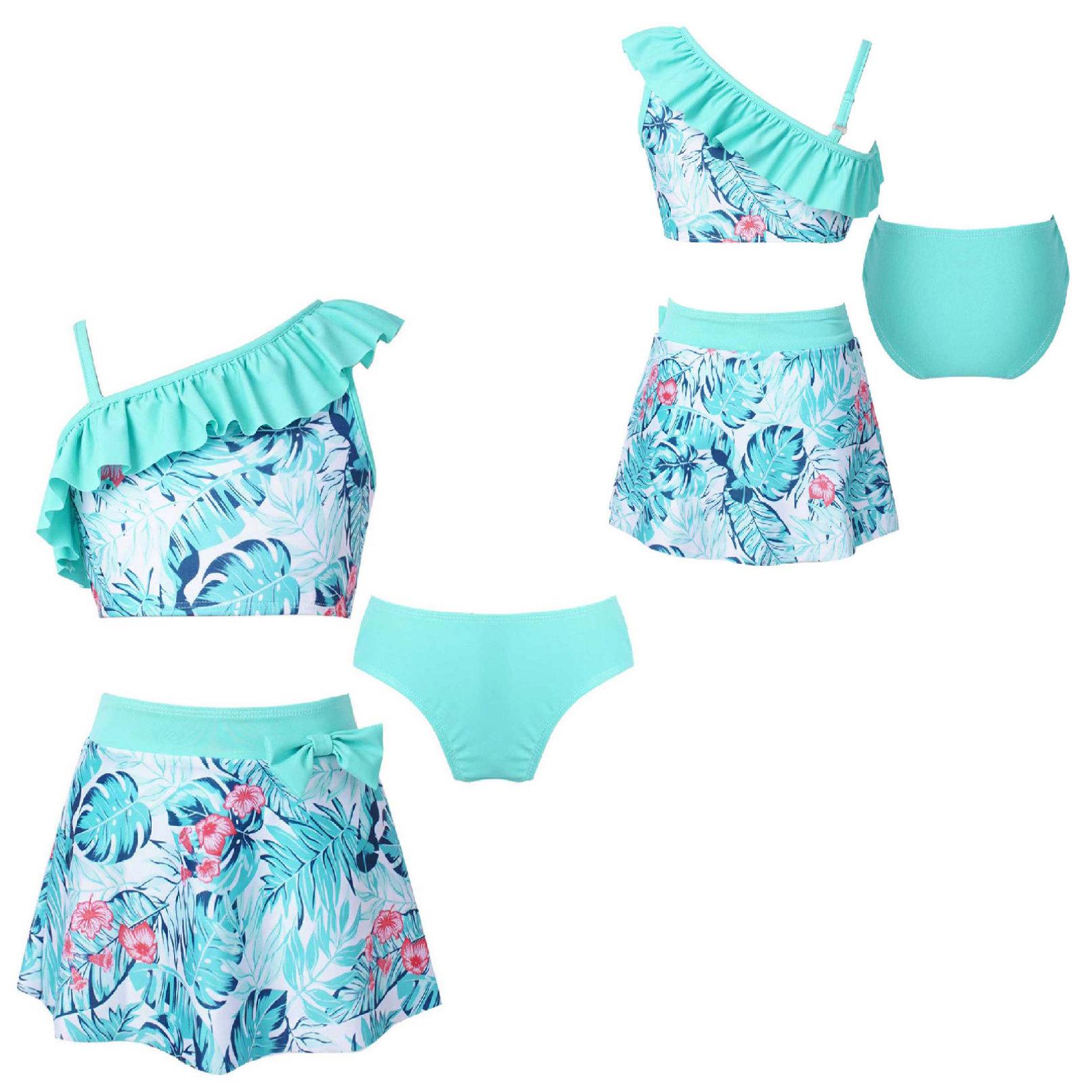 Manyakai Tankiniset voor kinderen, meisjes, 3-delige tankvest met bloemenprint, bikinibroekjes en rokken, zomerbadkleding 13-14 Years mintgroene kleur