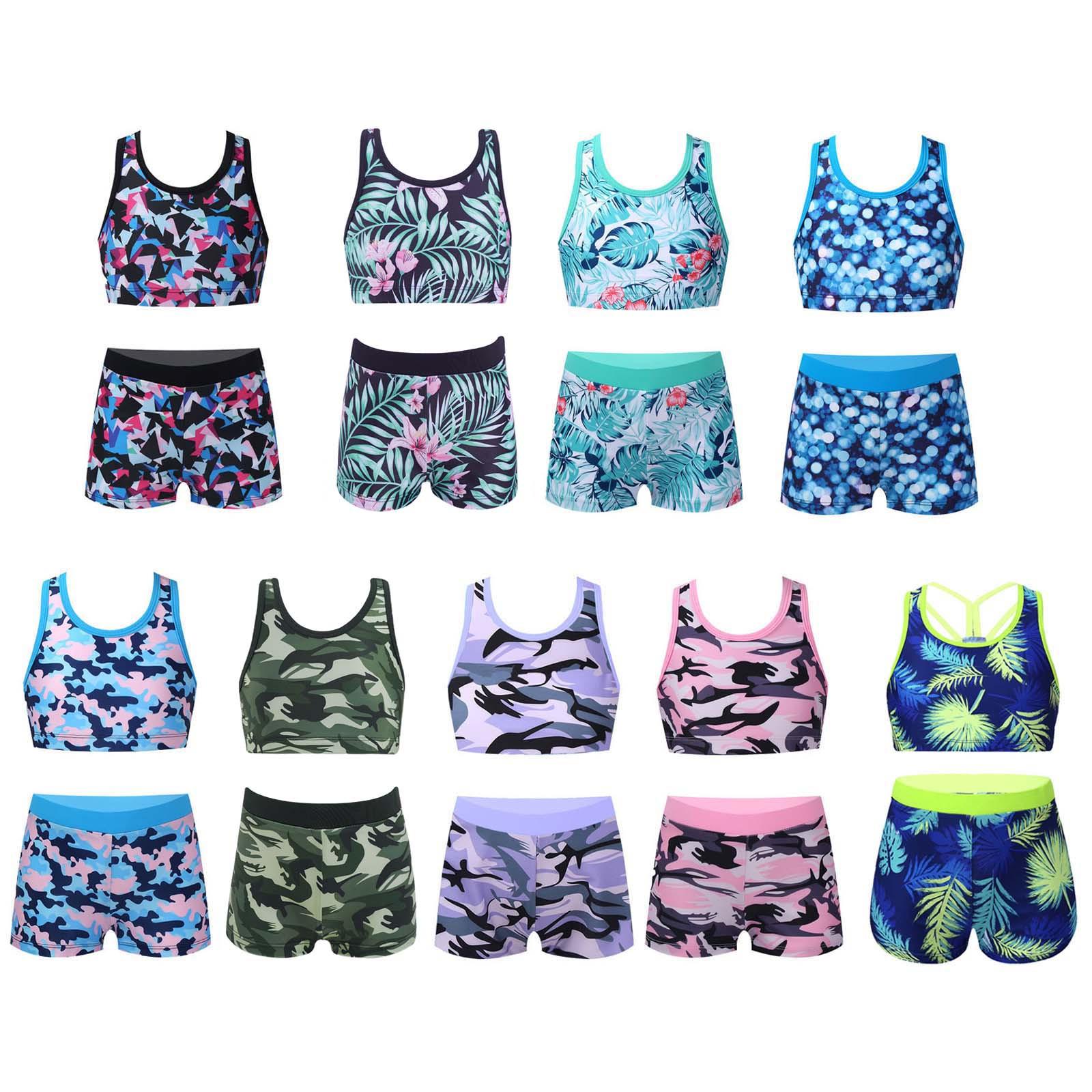 Sxiwei Tweedelige zwemkleding voor meisjes, mouwloze Y-vormige tanktop met rug en boyshorts 11-12 Years camouflagegroene kleur