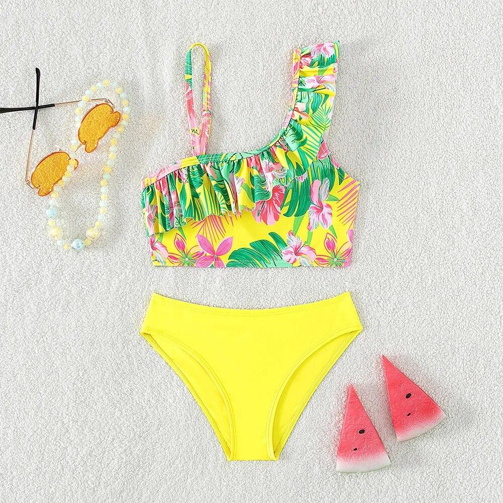 Fox Swimwear Kinderen Schuine Schouder Sling Split Badpak Meisje Sneldrogende Ademende Bikini Badmode Kid Hot Springs Twee Stukken Biquini Infantil 7-8years geel