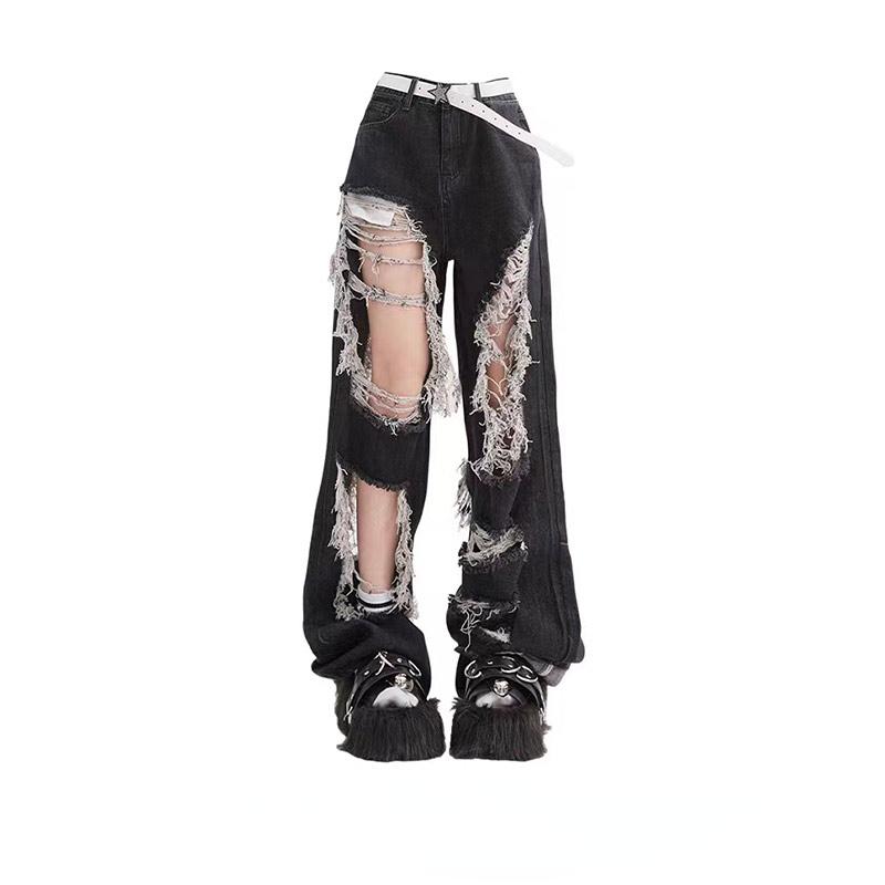 Exotic Vrouwen Gothic Zwarte Jeans Hoge Taille Vintage Koreaanse Mode Y2k Streetwear Gescheurde Broek Harajuku Casual Wijde Pijpen Denim Broek M zwart