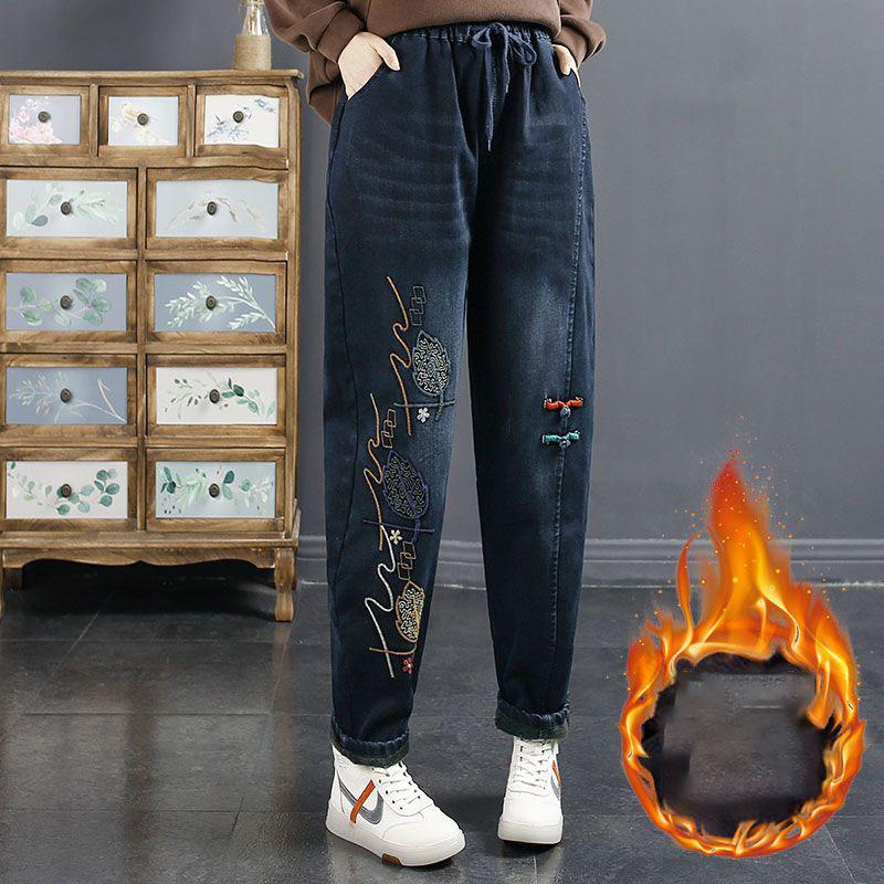 Twelve Month Geborduurde jeans Dames jeans Retro Literair fluweel Gewatteerde dames hoge taille warme losse casual jeans herfst plus size L