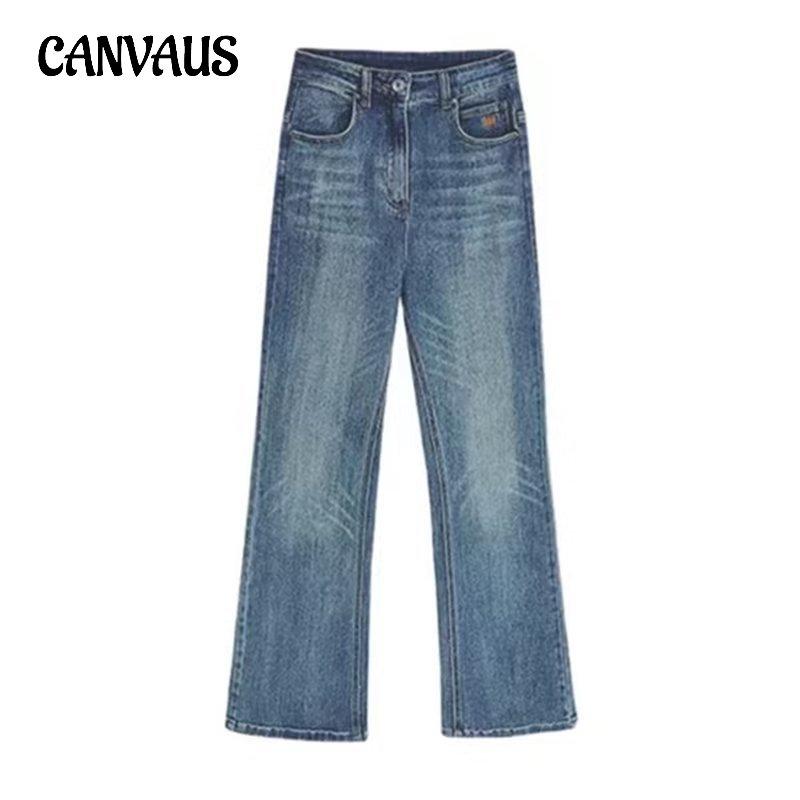 CANVAUS Plus Size Jeans met hoge taille Dames Lente en herfst Losse dunne Retro Drag The Ground Elastische Micro-flare Wijde pijpen Lange broek 5XL blauw