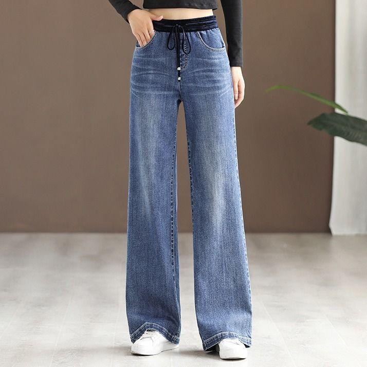 Hawayi Casual wijde pijpen jeans dames patchwork hoge taille vintage baggy vaqueros lente denim broek kant omhoog recht 26 blauw