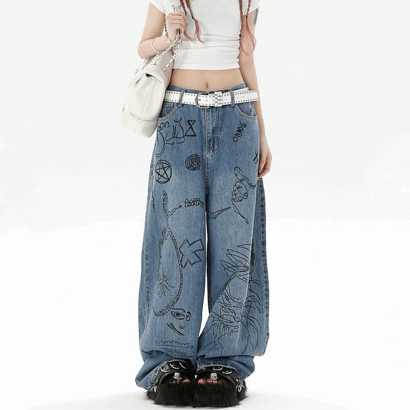 Exotic American High Street Graffiti Y2k Jeans Dames Ontwerp Gewassen Retro Been Losse Wijde Pijpen Broek Harajuku Baggy Denim Broek Vintage 2000s Kleding XXXL blauw