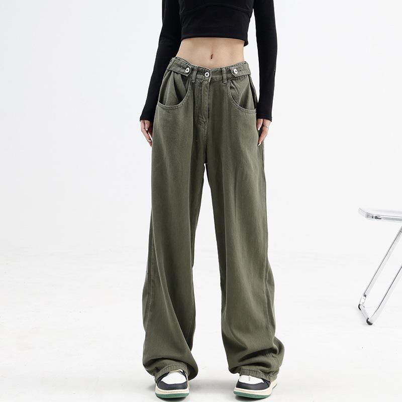 Delicate-Y Lente- en herfstjeans Losse rechte damesbroek met wijde pijpen M groen