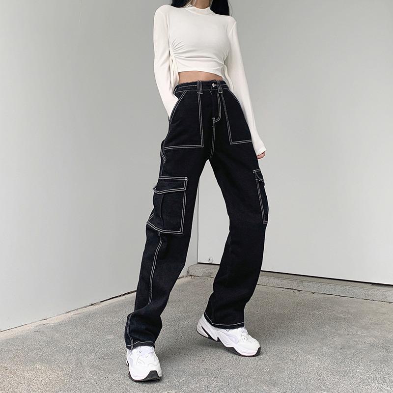 Top Men Wardrobe High-waist Slimming Bright Line Wide-Leg Jeans - Losse Street Style Trend voor dames XL zwart