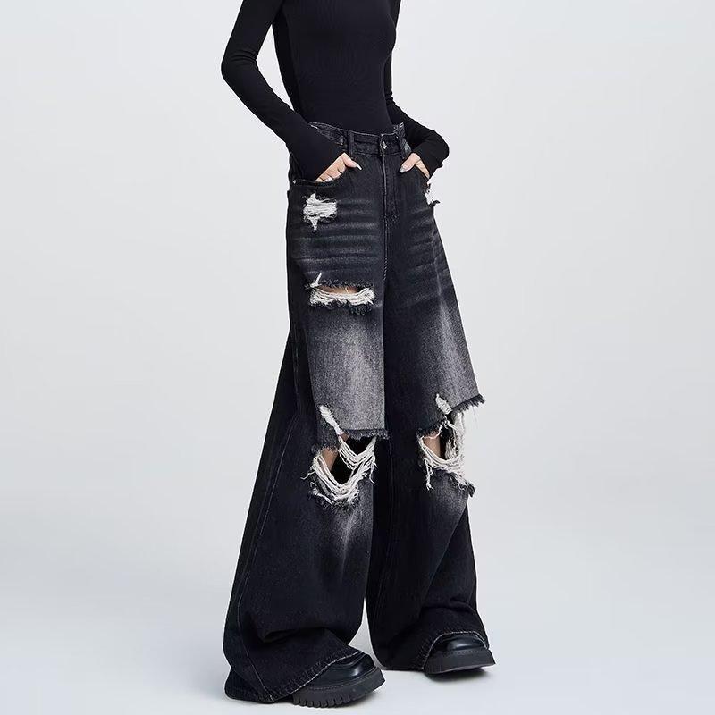 Wulaa Effen kleur gescheurde jeans dames rechte dweilende wijde broek XS zwart