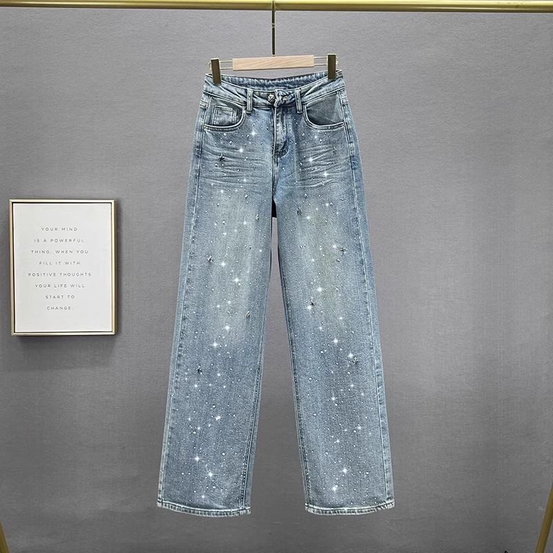 QGOOD Dames zomer losse afslankende en bijpassende rechte broek met hoge taille en wassing jeans 2XL blauw