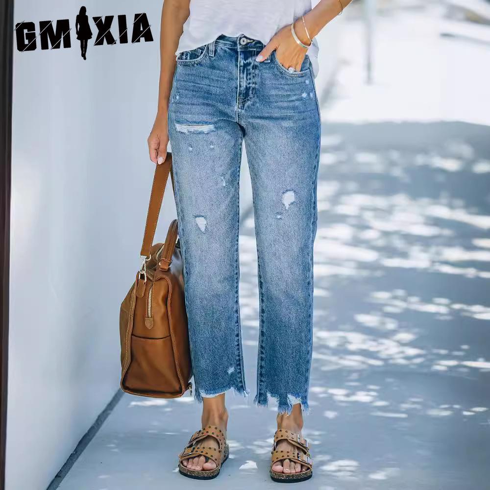 GMXIA Ripped Lichtblauwe Casual Nine Minute Straight Wash Jeans Dames XXL lichtblauwe kleur
