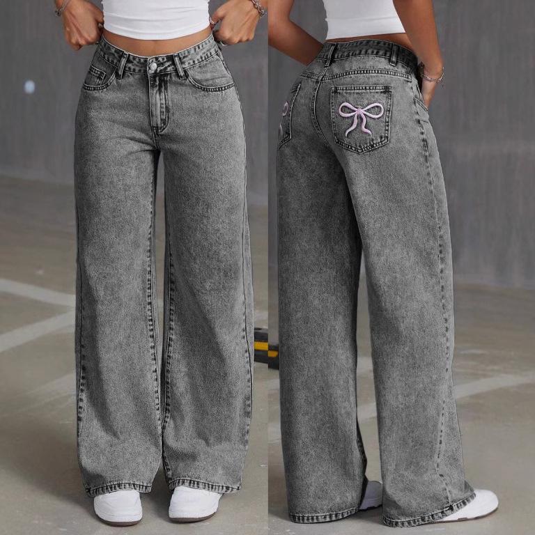 Fantastic wardrobe Dames baggy jeans met strikborduursel, dames hoge taille rechte pijp denim broek losse broek M grijs