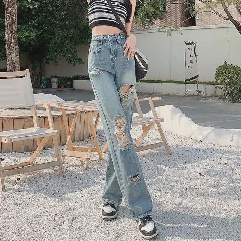VantaGoods Trendy High-Waist Verstelbare Wijde Pijpen Ripped Denim Broek Large lichtblauwe kleur